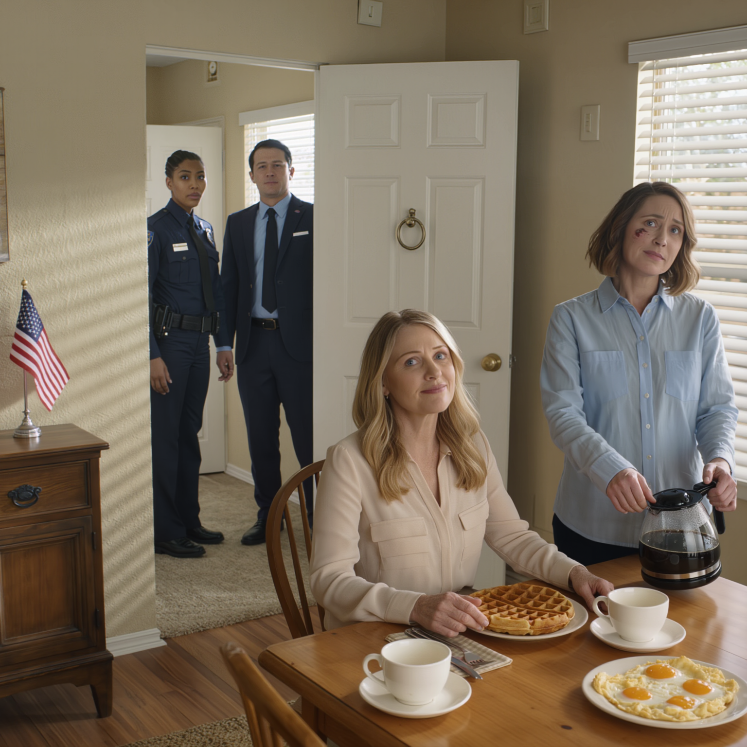 Egy zsúfolásig megtelt Des Moines-i szupermarketben a nővérem arcon vágott, csak mert nem voltam hajlandó kifizetni a számlát egy olyan kártyával, amin a nevem volt… Lenyeltem a megaláztatást, kővé dermedve álltam, és hagytam, hogy több száz szem szegeződjön az arcomon lévő vörös foltra. Másnap reggel pirkadat előtt már talpon voltam, pazar reggelit tettem anyám porcelánjára, és ő elégedetten elmosolyodott: „Jó. Ezt szeretem látni”… egészen addig, amíg meg nem dermedt, amikor meglátott egy „vendéget” már az asztalnál ülni.