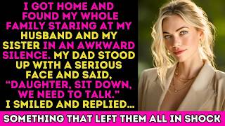 Hazaértem, és az egész családomat kínos csendben bámultuk a férjemet és a nővéremet. Apám komoly arccal felállt, és azt mondta: „Lányom, ülj le, beszélnünk kell.” Elmosolyodtam, és válaszoltam… VALAMI, AMI MINDENKIT SOKKOLÁSBA UTATOTT.