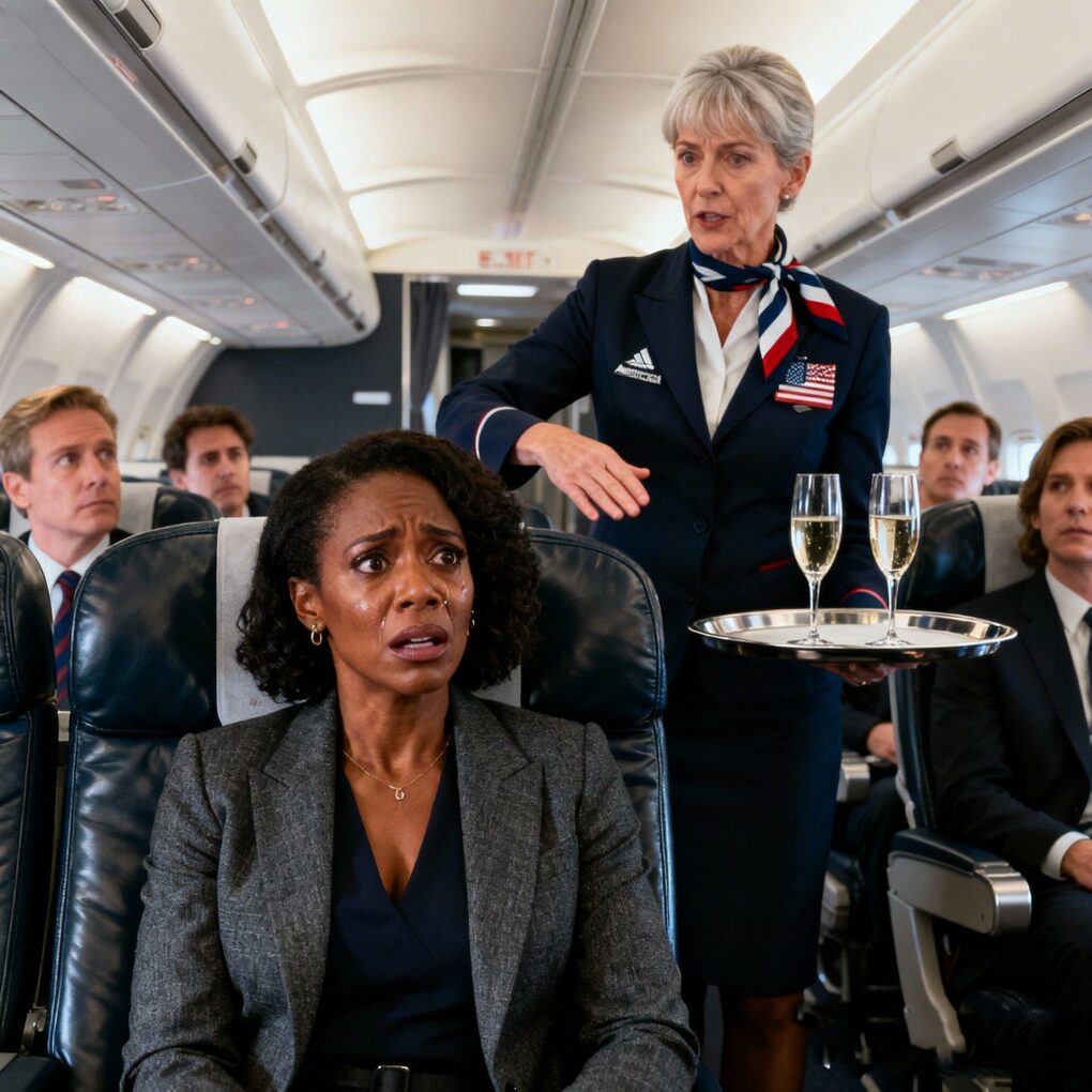 A racist flight attendant refused to serve champagne to a Black woman sitting in first class — thirty minutes later, she’d wish she had never spoken those words.