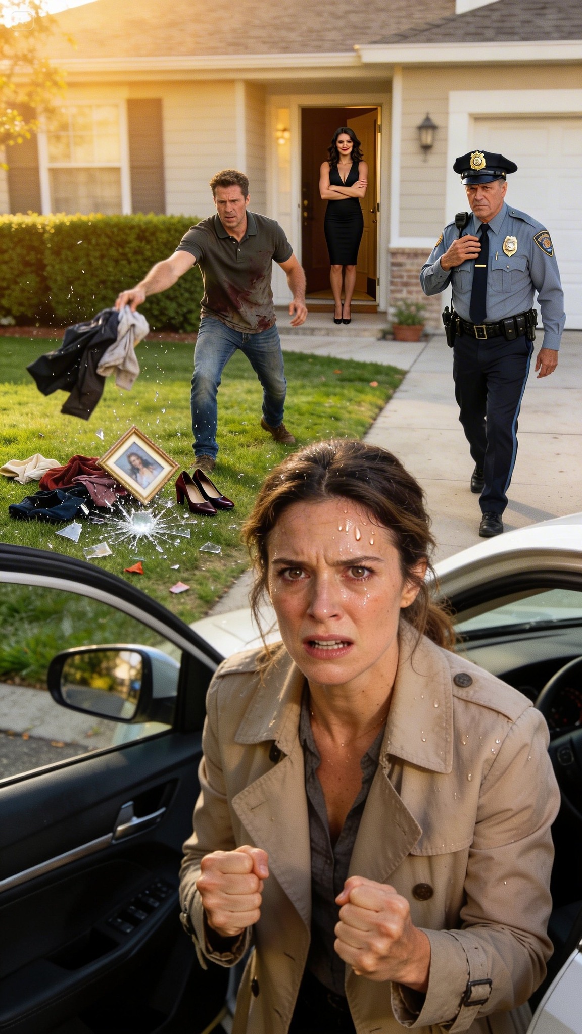 Behajtottam a kocsifelhajtóra és lefagytam – a férjem úgy dobálta a holmimat a gyepre, mint a szemetet. Abban a pillanatban, hogy meglátott, felkiáltott: „Most a szeretőm lakik itt – szedd össze a szemeted, és tűnj el!” Aztán egy autó csikorgott és megállt, a rendőrbátyám kiszállt, rápillantott, és felordított: „Hogy merészeled a lányom holmiját kidobálni a saját házamból!” A férjem halálra hallgatott.