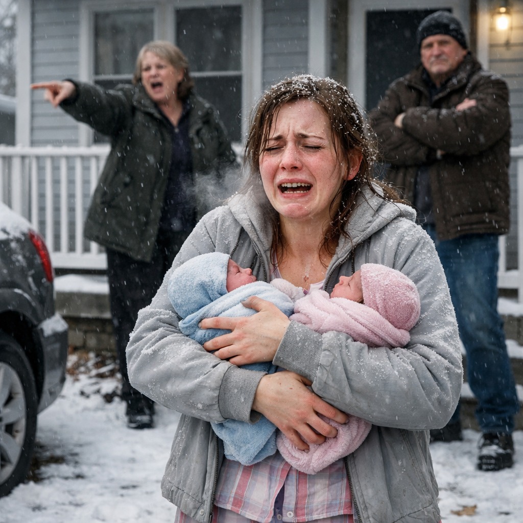 „Tűnj innen, és vidd magaddal a rohadékaidat is!” – kiáltotta az anyósom, és felém köpött, miközben a férjem kilökött engem és a tíznapos ikreket a fagyos éjszakába.
