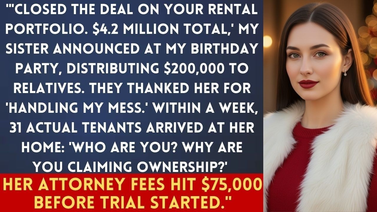 „Lezártuk az üzletet a bérleményportfólióddal – összesen 4,2 millió dollár” – jelentette be a nővérem a születésnapi partijomon, és 200 000 dollárt adott át a rokonoknak. Megköszönték neki, hogy „tisztaságba hozta a helyzetemet”. Nem javítottam ki őket. Egy héten belül 31 igazi bérlő kezdett el telefonálni – néhányan pedig még az ajtajában is megjelentek: „Kik maguk, és miért mondják, hogy a házaink a tiéi?” A jogi számlái elérték a 75 000 dollárt, mielőtt az első tárgyalás elkezdődött volna.