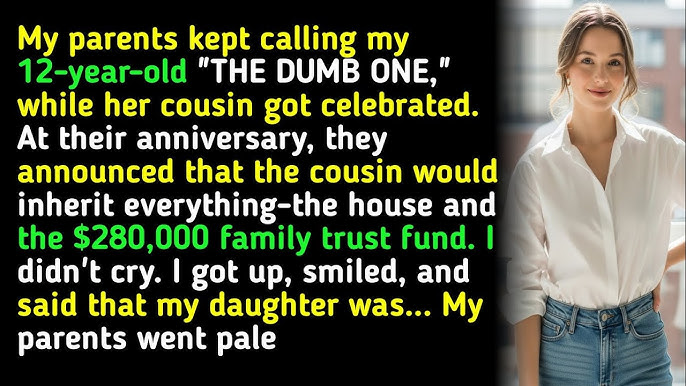 A szüleim folyton „hülyének” hívták a 12 éves lányomat, miközben az unokatestvérét ünnepelték. A házassági évfordulójukon bejelentették, hogy az unokatestvér mindent örököl – a házat és a 280 000 dolláros családi vagyonkezelői alapot. Nem sírtam. Felkeltem, elmosolyodtam, és azt mondtam, hogy a lányom… A SZÜLEIM ELSZÁVODTAK.