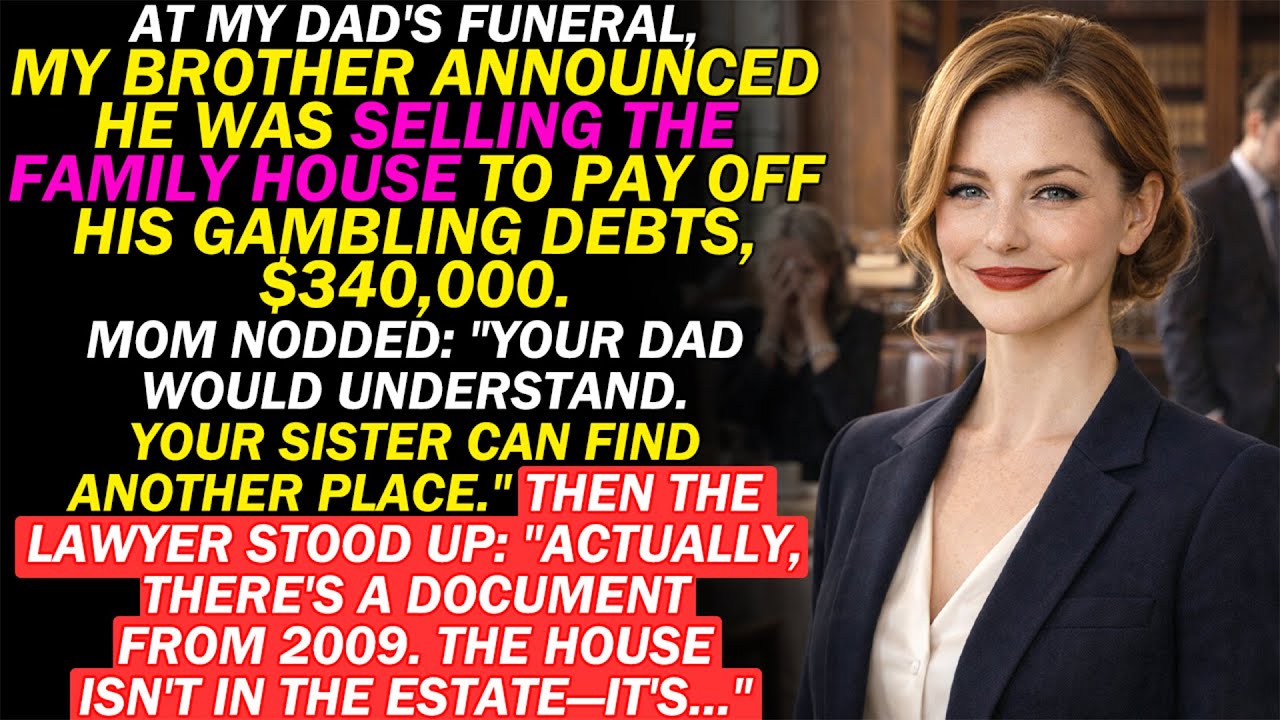 Apám temetésén a bátyám bejelentette, hogy eladja a családi házat, hogy kifizesse a szerencsejáték-adósságait, 340 000 dollárt. Anya bólintott: „Apád megértené. A húgod találhatna másik lakást.” Aztán az ügyvéd felállt: „Valójában van egy 2009-es dokumentum. A ház nem része a hagyatéknak – hanem…” A HÁZ NINCS A HAGYAÉKNAK – HANEM