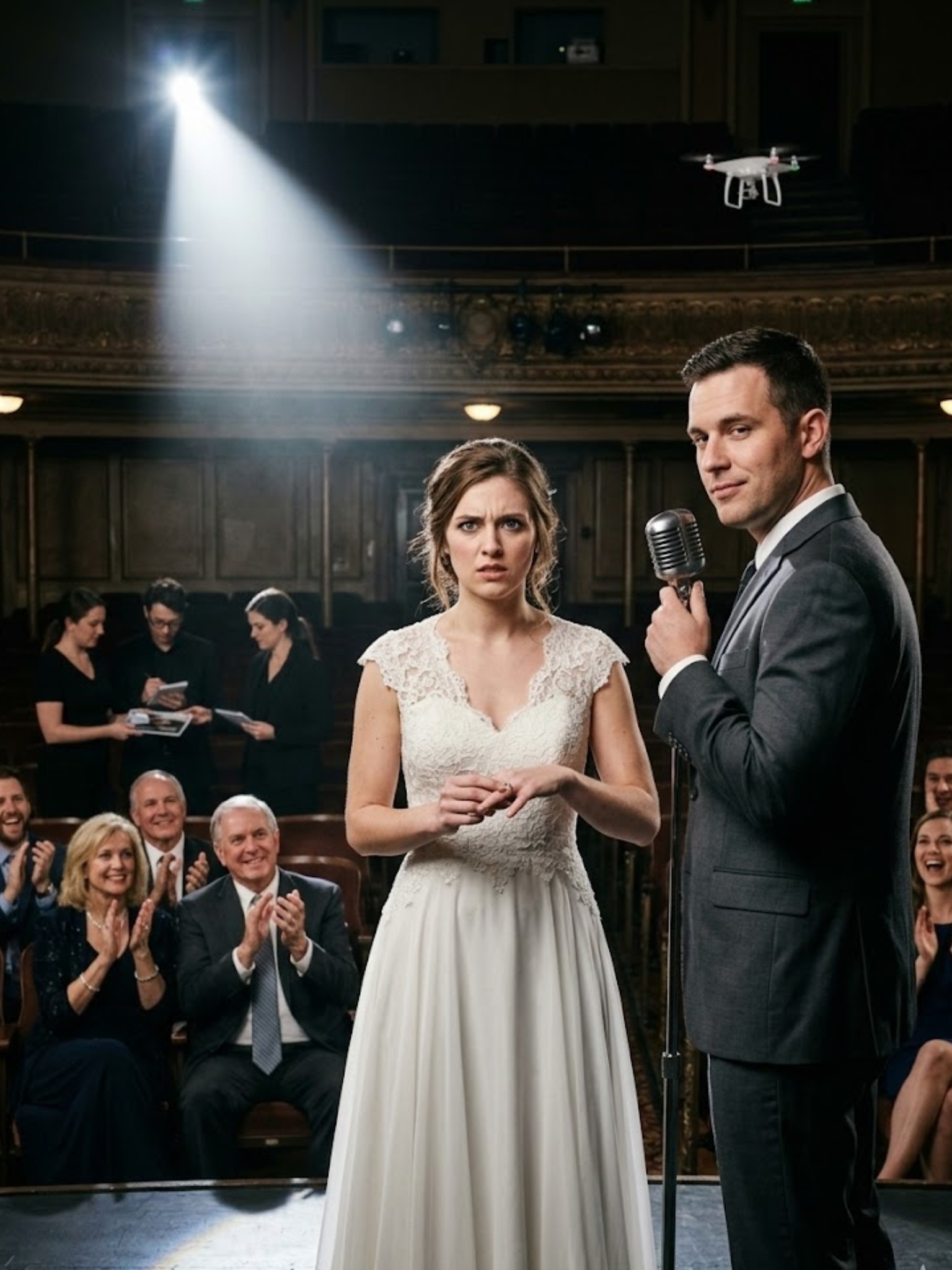 Egy NASHVILLE-I SZÍNHÁZI SZÍNPADON ÁLLTAM – 500 VENDÉG, EGY DRONKAMERA ZÜMMÖGÖTT A FŐEM FELETT, AZ ARCOM LED KÉPERNYŐKÖN VILÁGOSULT –, AMIKOR A VŐLEGÉNYEM ELRABOTTA A MIKROFONT, ÉS AZT MONDTA: „NEM KÖTHETEK HÁZASSÁGOT VALAKI BECSÜLETLENSÉG NÉLKÜL.” A TEREM TEMETÉSI CSENDBE ÁLLT… AMÍG A SZÜLEI TAPSOTTAK – HANGOSAN, RITMIKUSAN, GYAKOROLTAN –, MINTHA ÉPPEN MEGNYERTEK VOLNA EGY PERT. AZUTÁN AZ EGÉSZ CSALÁDI VESZEKEDÉS KITÖRTÉNT, MIKÖZBEN ÉLŐBEN, FEHÉRBEN, KŐARCCAL ÁLLTAM, ÉS NÉZTEM, HOGY ASSZISZTENSEIK FÉNYES KÉZZEL ÍRT SAJTÓANYAGOKAT ODAÍTÉLJÁK AZ ÚJSÁGÍRÓKNAK, MINTHA A MEGALÁZTATÁSOM EGY ÜTEMEZETT TERMÉKBEMUTATÁS LENNE. ODAHAJOLT, ÉS SZISSZEGETT: „SEMMIT NEM KAPSZ – EGY FENNIT SEM, SEM HÍRNÉVET.” NEM SÍRTAM. LECUKSZOLTAM A GYŰRŰRŐL, LESZÁLLTAM A SZÍNPADRÓL, BEZÁRTAM A Nászutas Lakást… BELENYÚLTAM A TITKOS ZSEBBEMBE, AMELYHEZ RAGASZKODTAM… ÉS EGY SZÓT KÜLDTEM A KAPCSOLATOMNAK: „MOST…”