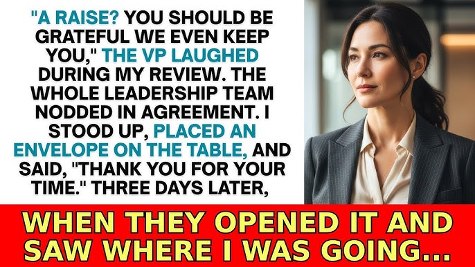 „Fizetésemelés? Hálásnak kellene lenned, hogy egyáltalán megtartunk” – nevetett az alelnök az értékelésem alatt. Az egész vezetői csapat egyetértően bólintott. Felálltam, letettem egy borítékot az asztalra, és azt mondtam: „Köszönöm az idődet.” Három nappal később, amikor kibontották és látták, hová megyek…