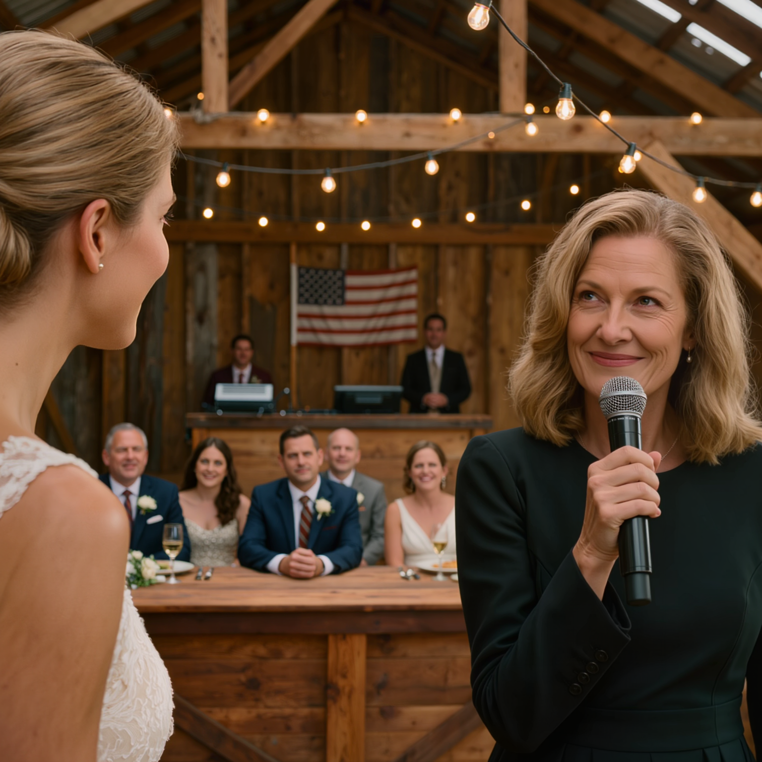 Az esküvőmön a szüleim fekete gyászruhát viseltek. Anya átvette a mikrofont: „Itt maradunk, amíg át nem adod a házat a húgodnak!” – nevetett a húgom. A férjem nyugodtan felállt, és a képernyőre mutatott. Ami felvillant rajta, arra késztette őket, hogy elmeneküljenek a helyszínről.