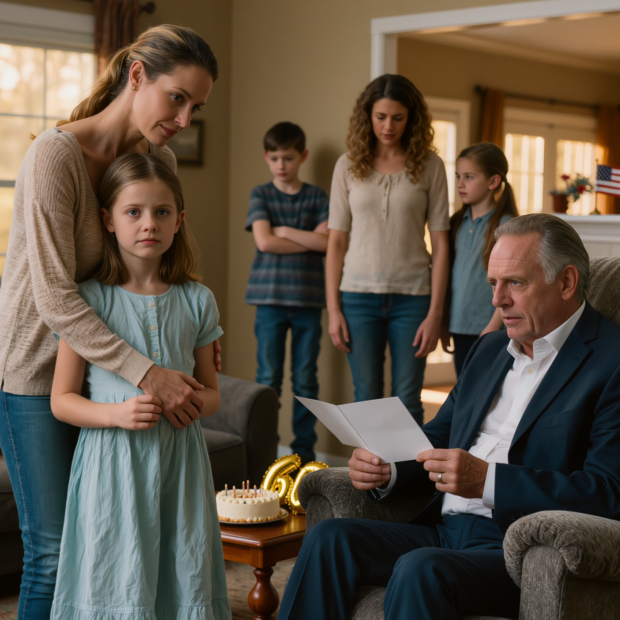 A 8 éves lányom, akit örökbe fogadtam, verset írt a nagyapja 60. születésnapjára… de ő elkapta a képeslapot, és egy hátborzongató mondatot mondott – nem vitatkoztam, csak felálltam és mondtam egy dolgot… és az egész terem elcsendesedett.