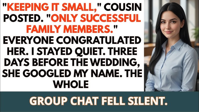 „Kicsiben tartva” – írta az unokatestvérem. „Csak sikeres családtagok.” Mindenki gratulált neki. Én csendben maradtam. Három nappal az esküvő előtt rákeresett a nevemre a Google-ben. Az egész szoba elcsendesedett…