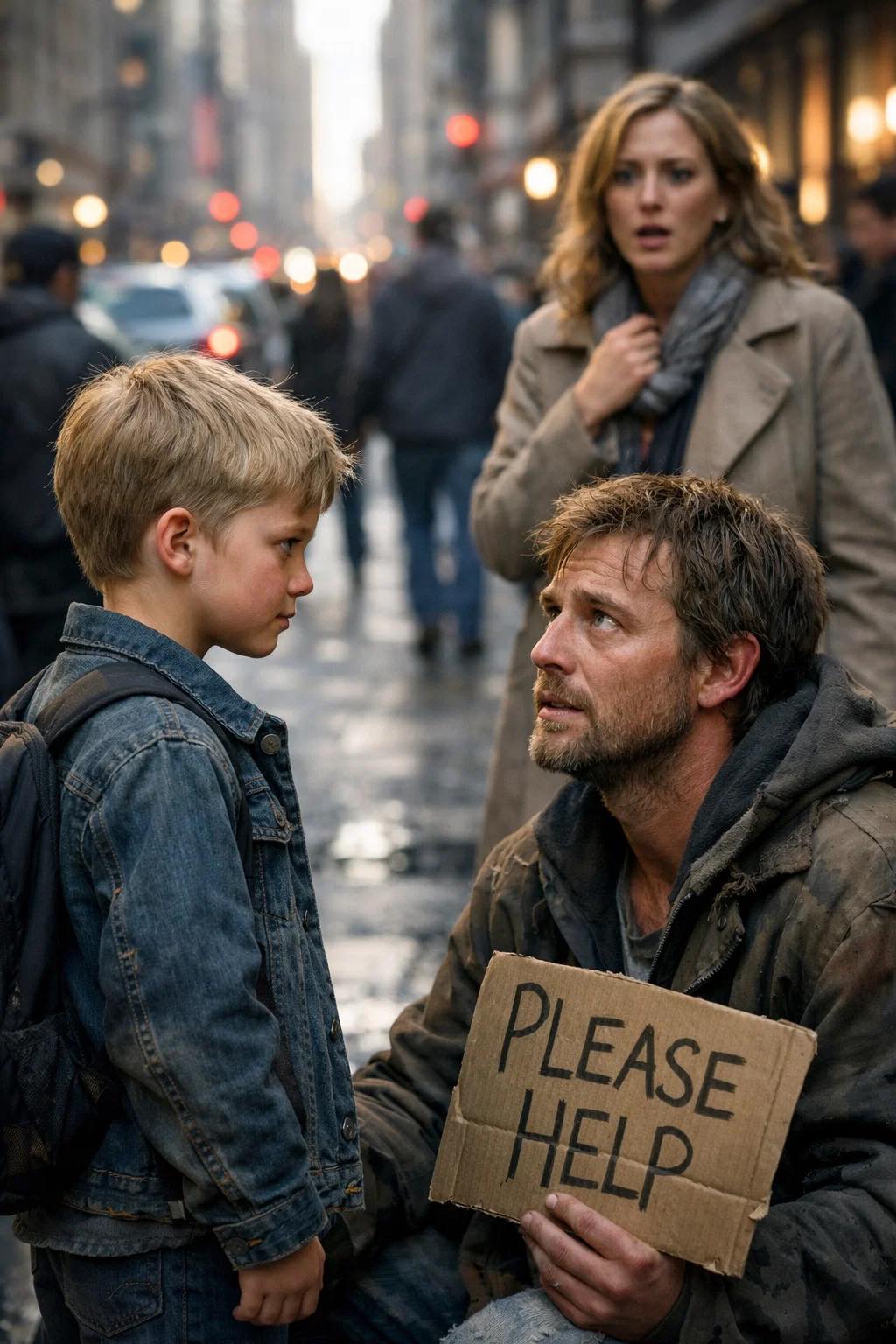 „Anya, miért néz ki ez a hajléktalan férfi pontosan úgy, mint én?” – kérdezte a gyerek, és az utca túloldalára mutatott. Az ártatlan kérdés arra kényszerítette anyját, hogy szembenézzen egy rejtett igazsággal – egy olyan igazsággal, amelyet évekig titokban eltemett, hogy megvédje a családját.