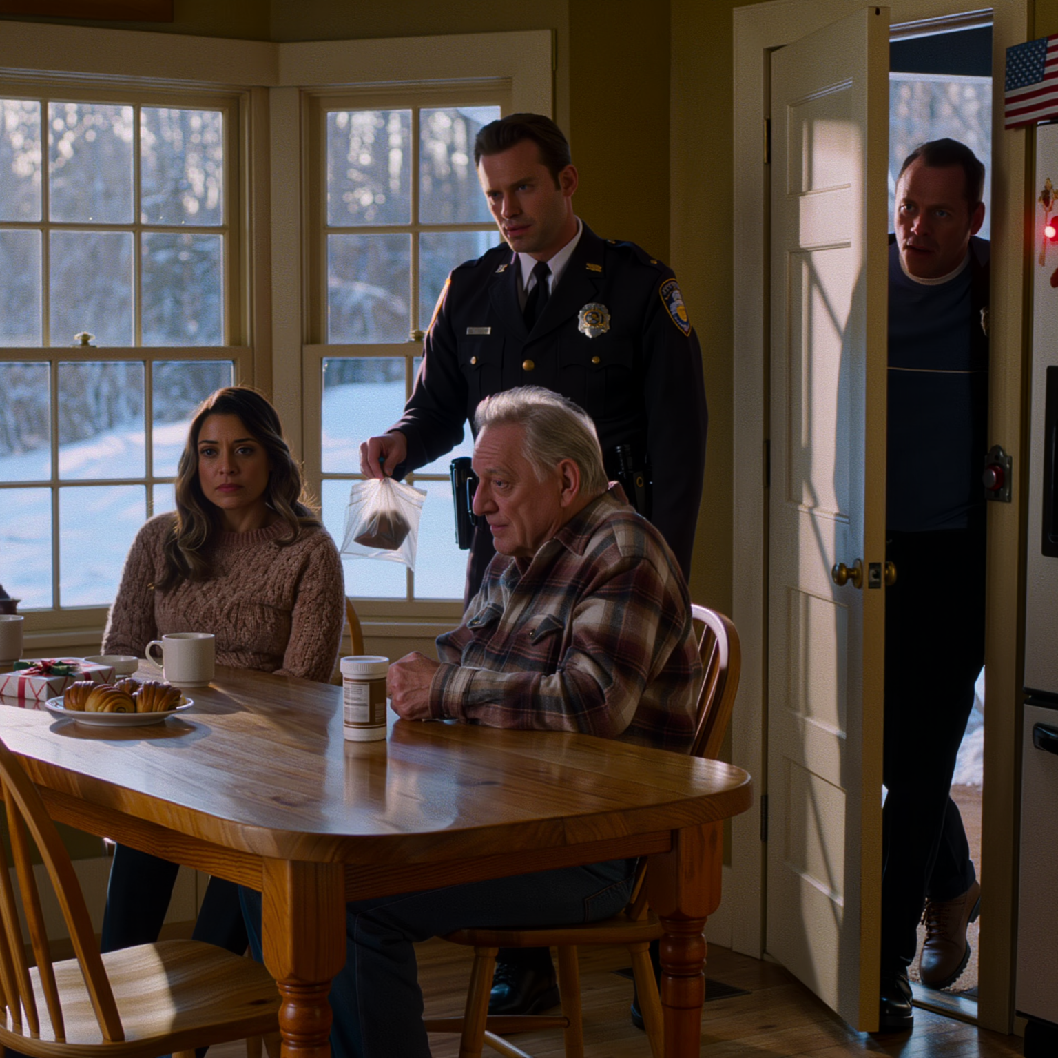 Karácsonyi vacsoránál a fiam felemelte a poharát, és azt mondta: „Gyerünk, köszöntsük apa utolsó karácsonyát ebben a házban!” Mindenki nevetett. A felesége is megkoccintott. Visszamosolyogtam. „A családra” – mondtam halkan. Másnap reggel, amikor belépett a konyhába, és meglátta, ki ül az asztalomnál… teljesen kifutott a vér az arcából.