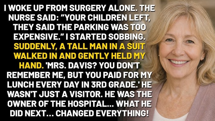 Egyedül ébredtem fel a beavatkozás után. A nővér azt mondta: “A gyerekei elmentek, azt mondták, összeadódnak a parkolási díjak.” Könnyek szöktek a szemembe. Hirtelen egy magas, öltönyös férfi lépett be, és gyengéden megfogta a kezem. “Mrs. Davis? Nem emlékszik rám, de harmadikban minden nap maga fizette az ebédemet.” Nem csak egy látogató volt. Ő volt a kórház tulajdonosa… Amit ezután tett… AZ MINDENT MEGVÁLTOZTATOTT!