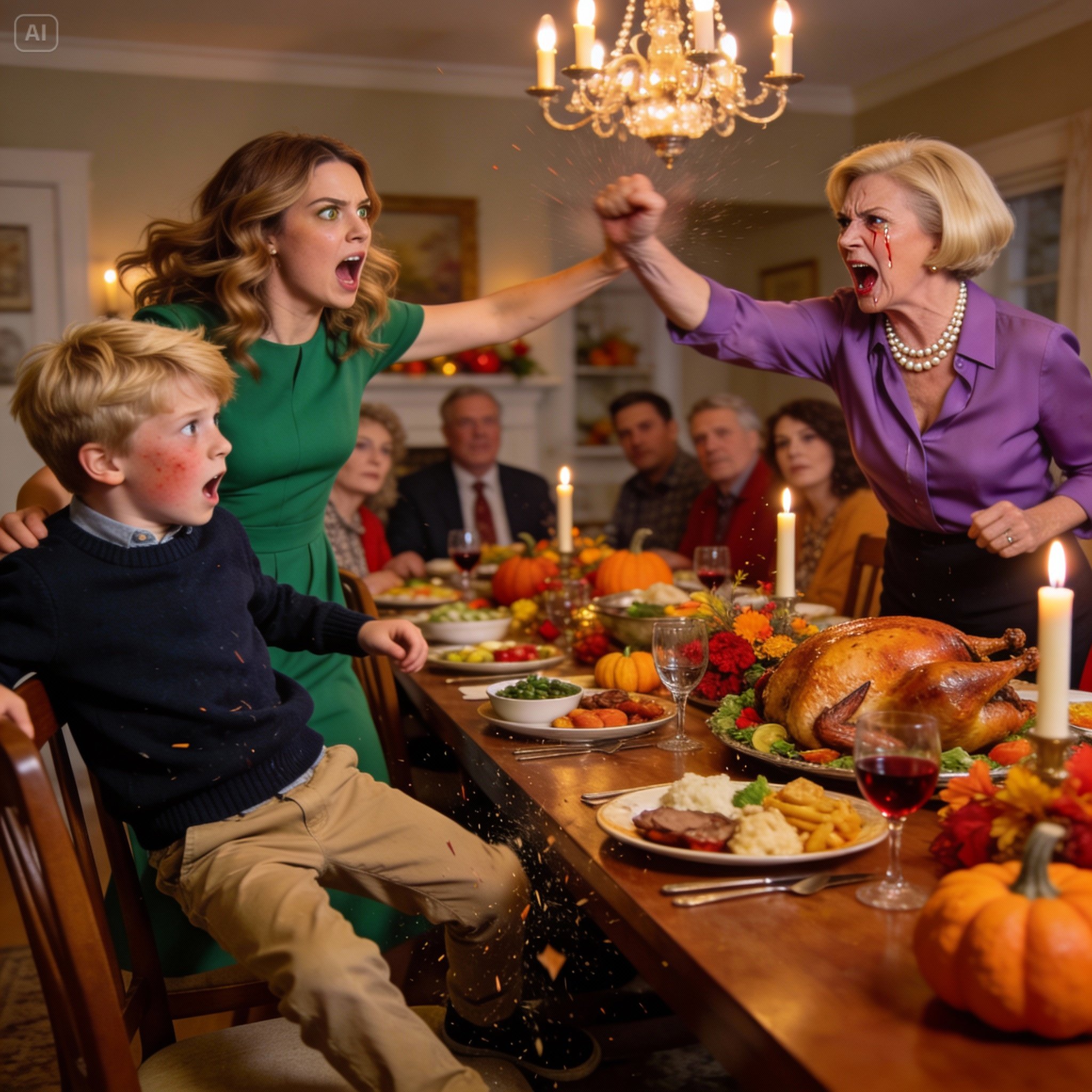 Az anyósom megütötte a 8 éves fiamat hálaadás napi vacsorán. Azt üvöltötte: „Ő nem igazi családtag. Takarodjatok!” A fiam a földre zuhant az egész család előtt – de senki sem mert megszólalni –, mintha mi sem történt volna. Nem sírtam. Hat szót mondtam… Leejtette a tányérját. A szoba dermedt lett.